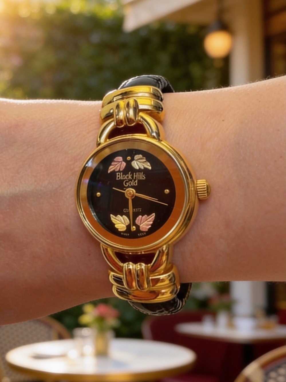 Black Hills Gold Watch With 4 Gold Leaves & Leather Bangles For Women
